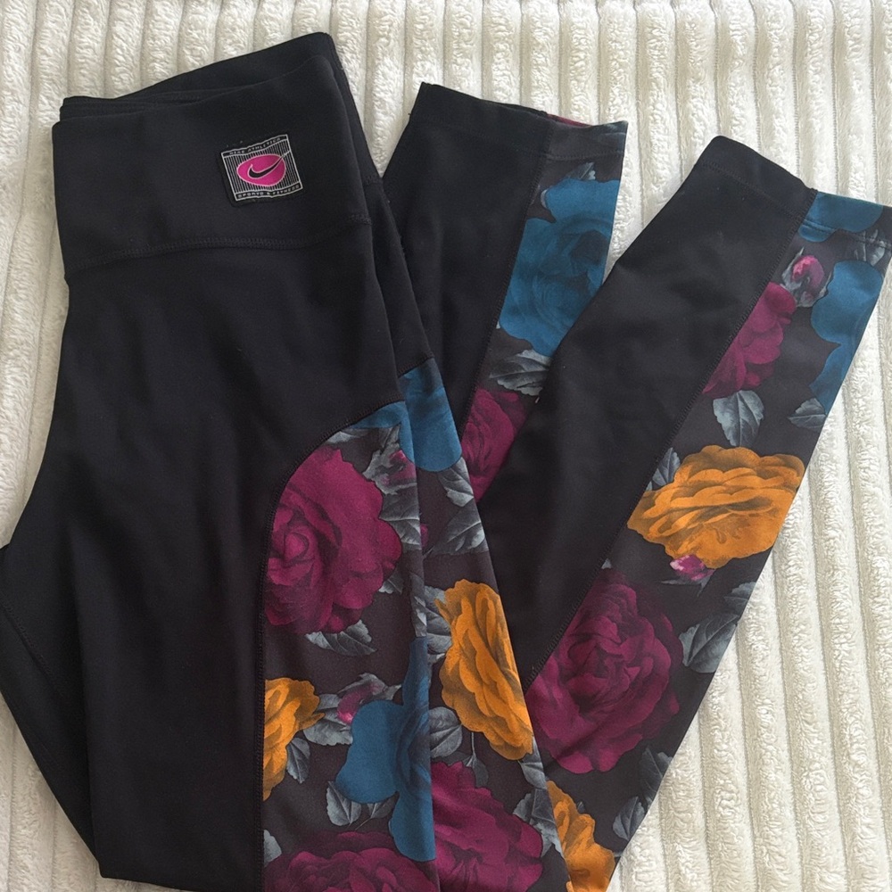Floral Nike Leggings - Black with Multicolor Accents